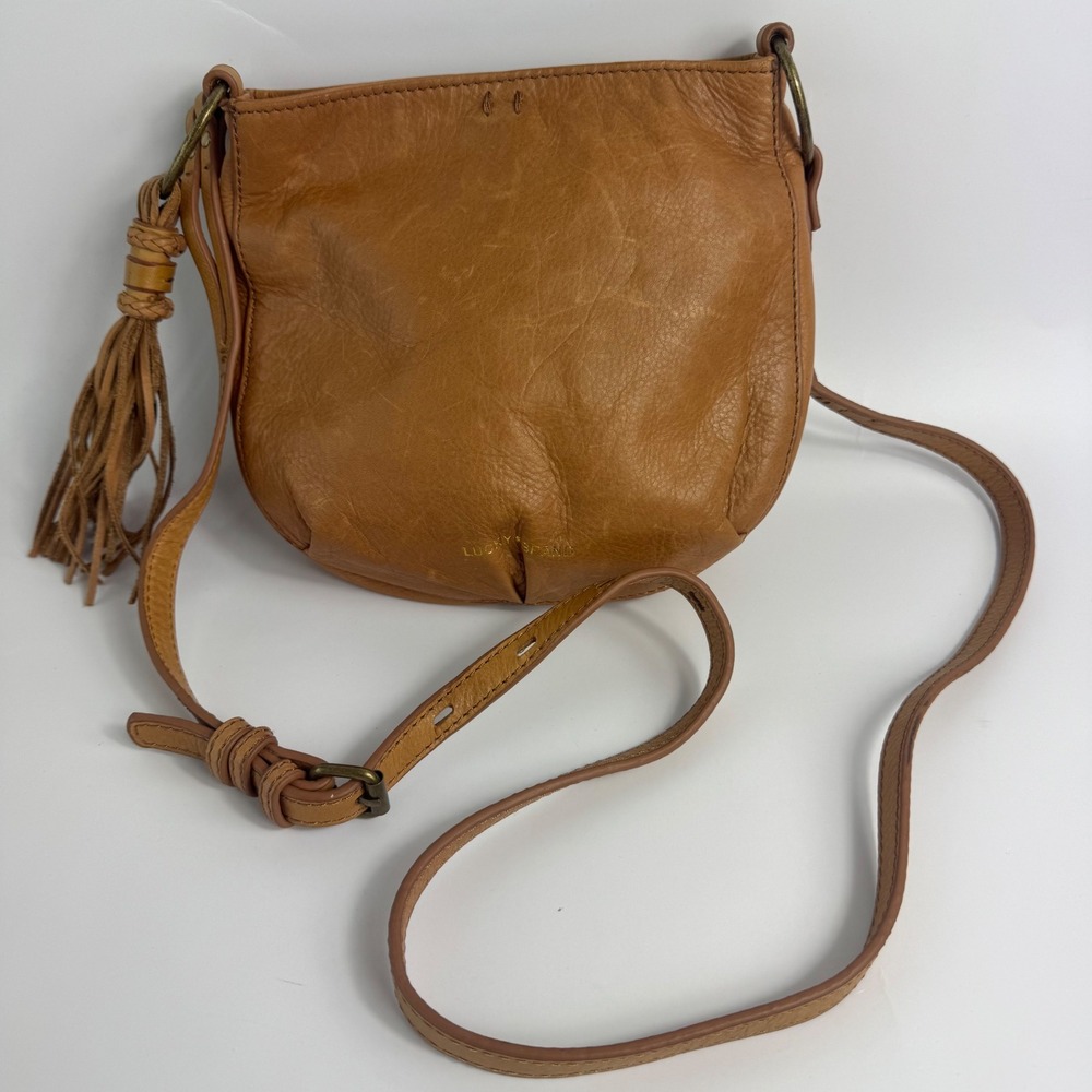 Lucky Brand Cognac Brown Leather Crossbody Bag Tassel Boho Small Saddle Purse